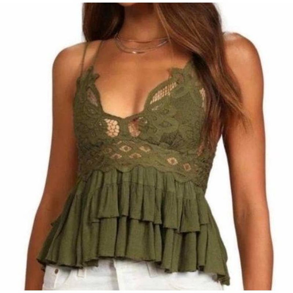 Free People Tops - NWT Free People Adella Cami Lace Ruffled Top Olive Sparrow Size M